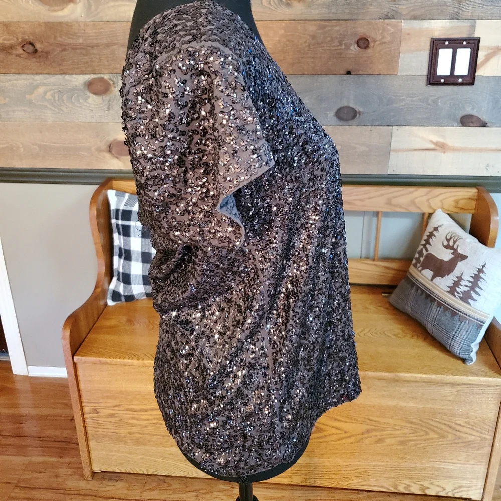 J Crew Black Sequin Short Sleeve Blouse